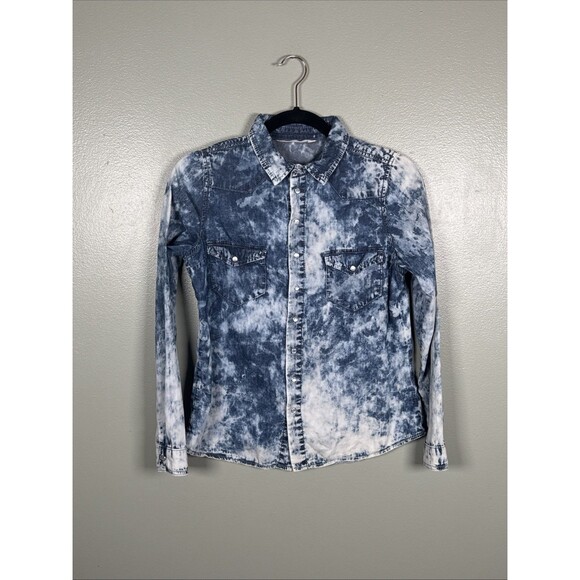 Angel Premium Pearl Snap‎ Lightweight Bleached Denim Look Slim Fit Medium - Picture 1 of 9